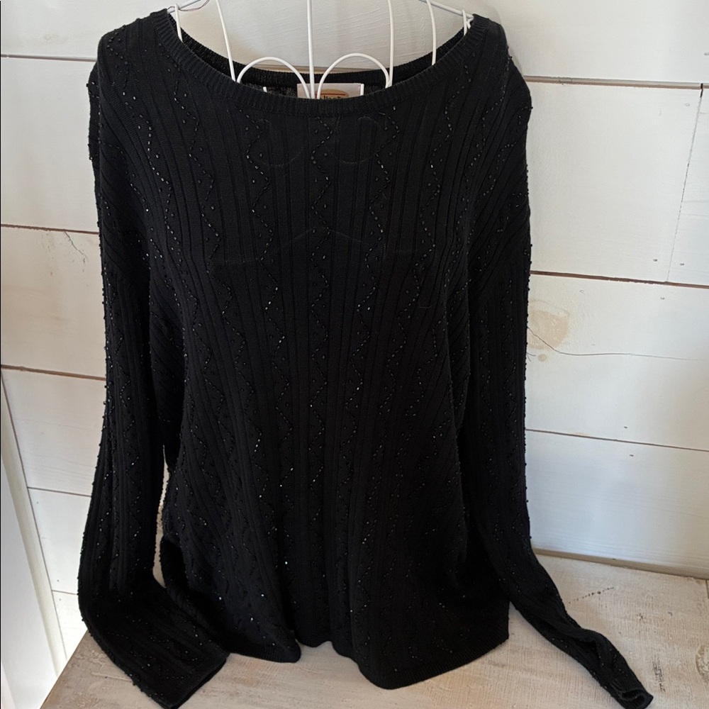 Talbots Petites Black Silk Sweater Decorated with Black Bugle Beads Size Medium
